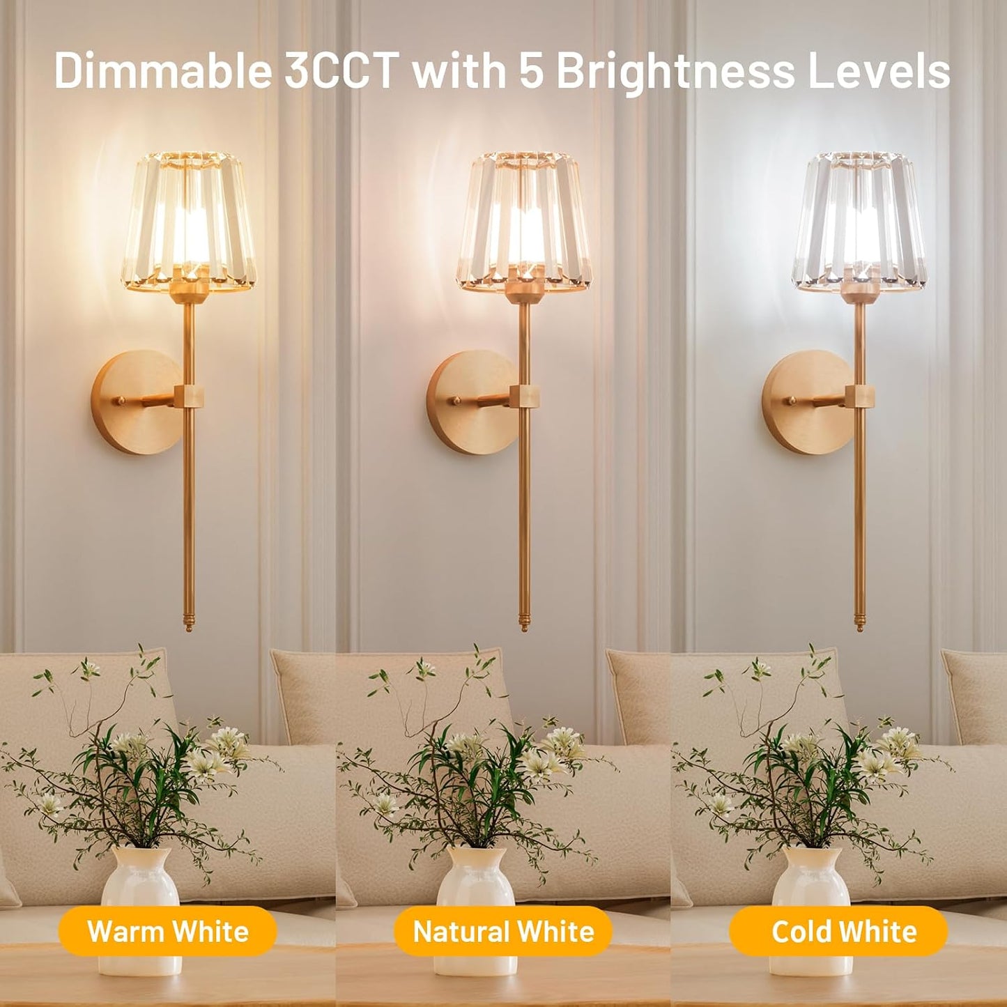 GoFurnitureHub Rechargeable – Gold Wireless RGB Dimmable Wall Lights with Remote, Set of 2
