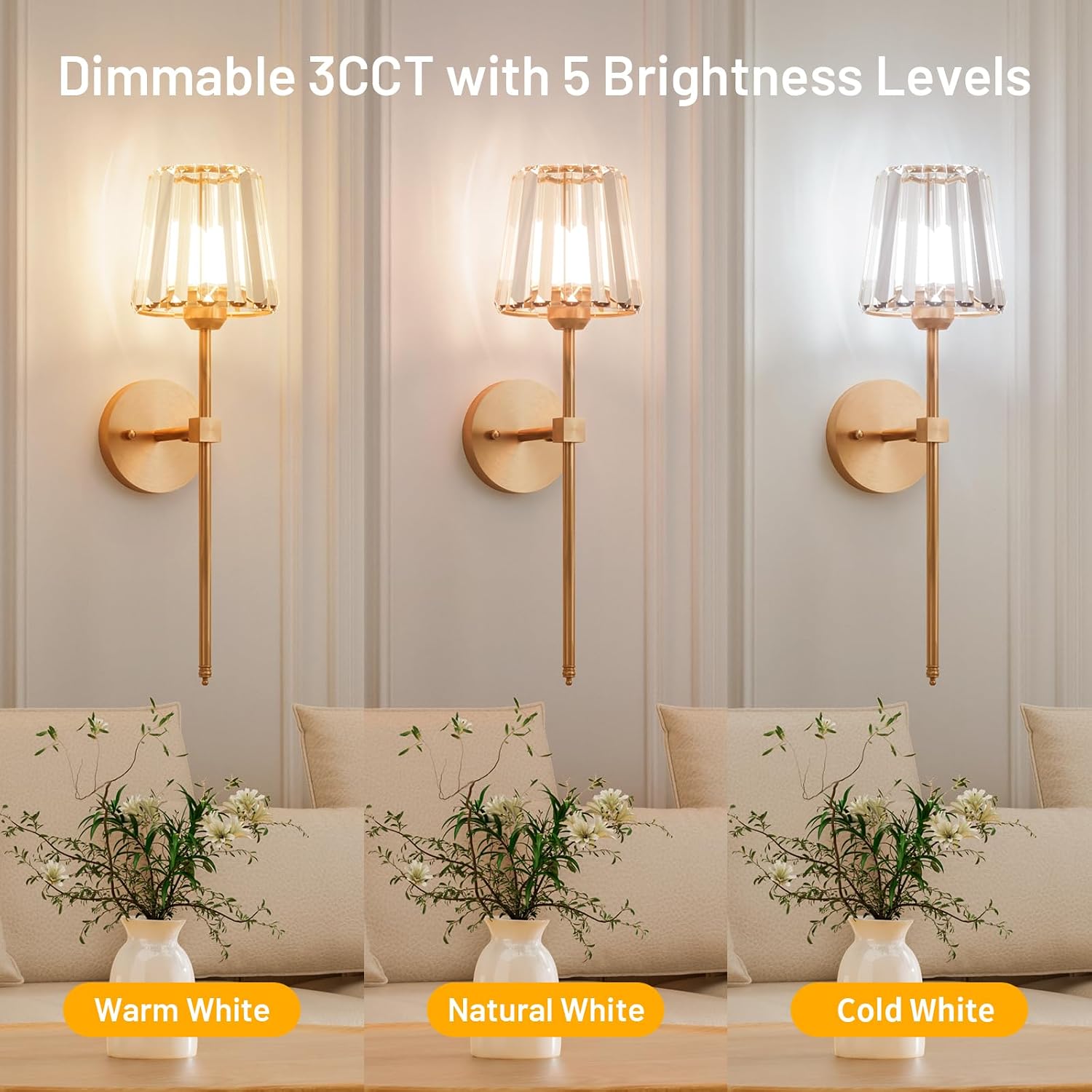 GoFurnitureHub Rechargeable – Gold Wireless RGB Dimmable Wall Lights with Remote, Set of 2
