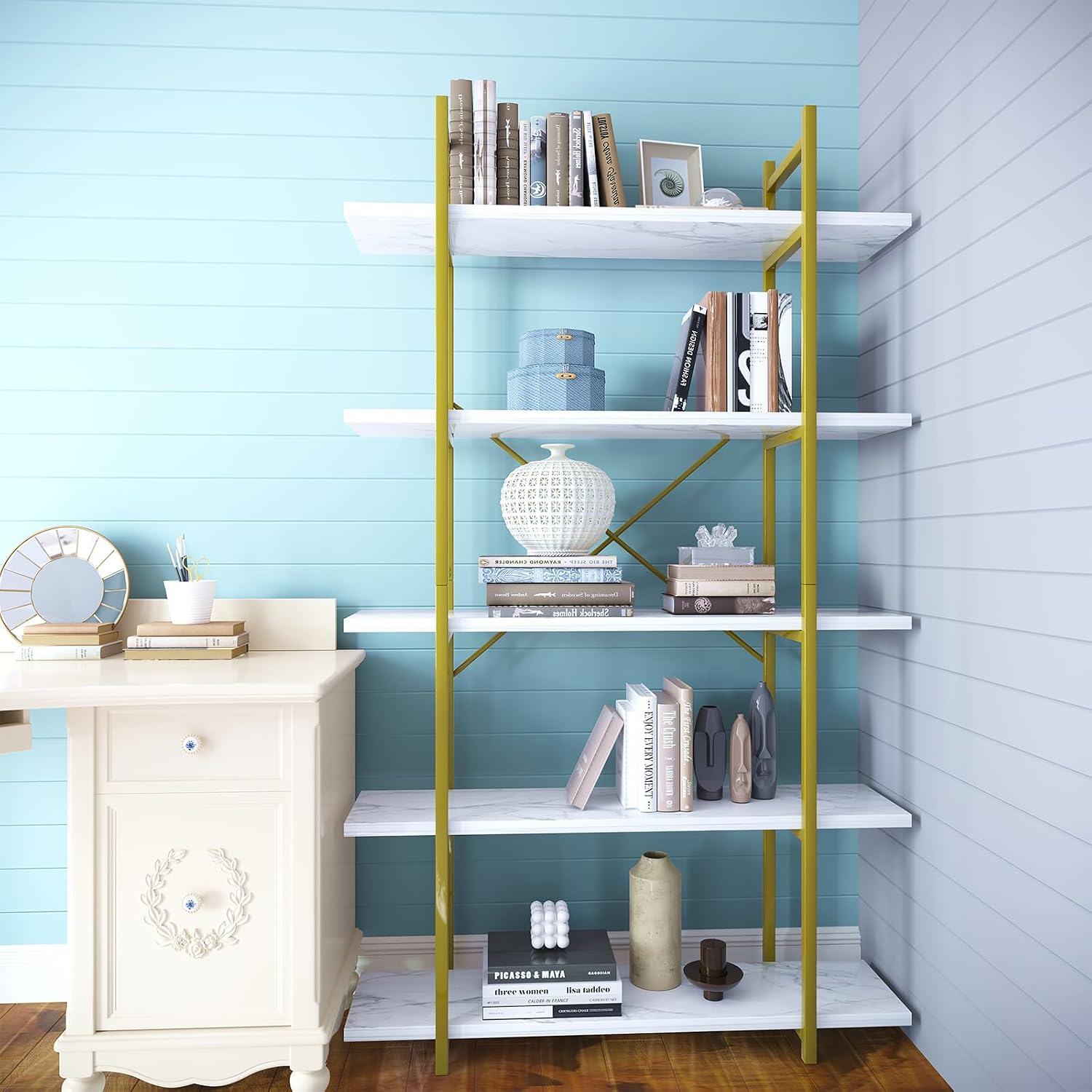 GoFurnitureHub 5-Tier Modern Bookcase with White Faux Marble Shelves