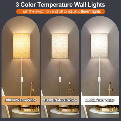 GoFurnitureHub Plug-In Wall Sconces with Linen Shades – Set of 2