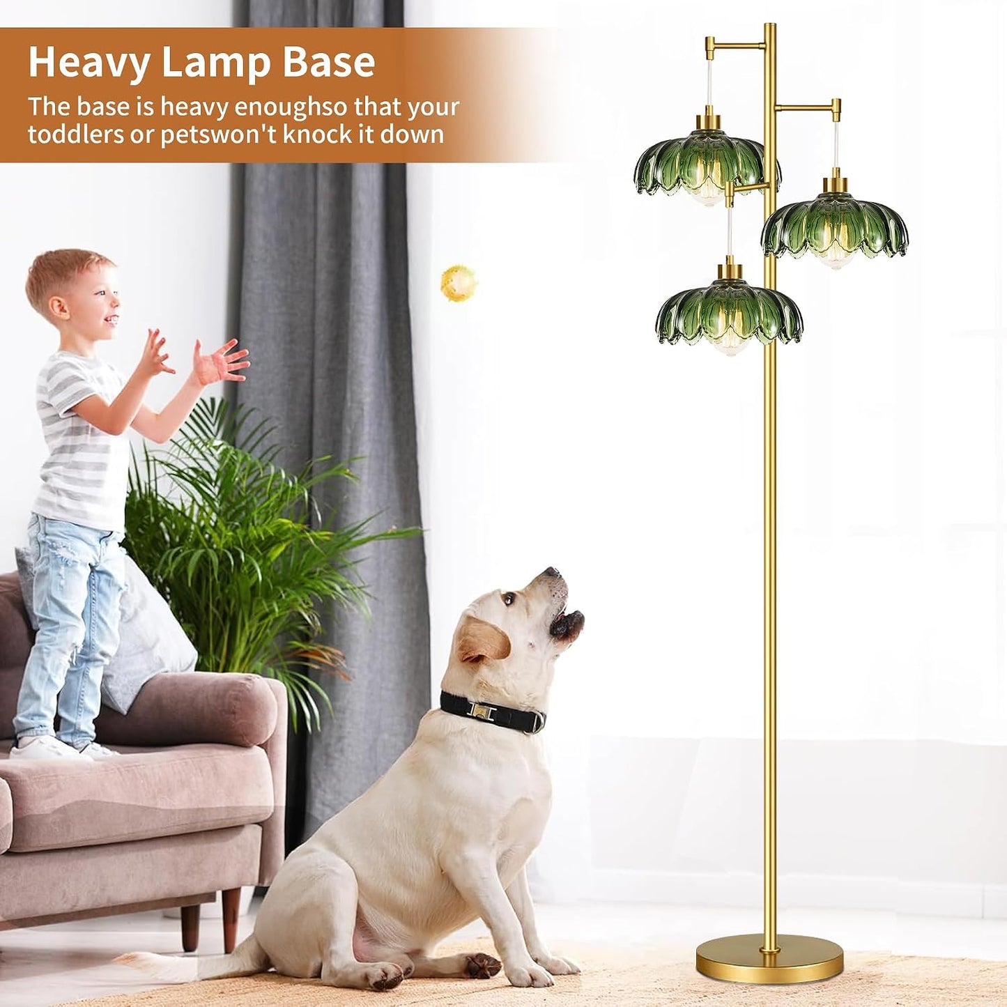 GoFurnitureHub Vintage Brass 3-Light Floor Lamp with Green Glass Shades