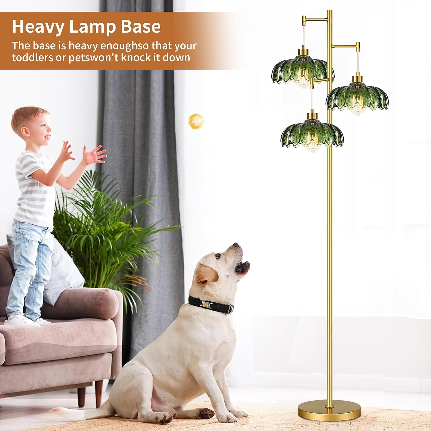 GoFurnitureHub Vintage Brass 3-Light Floor Lamp with Green Glass Shades