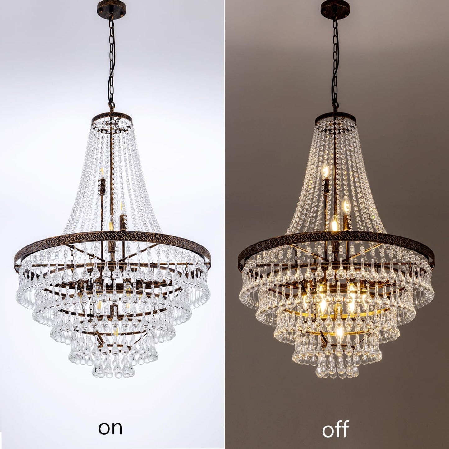 GoFurnitureHub Rustic Farmhouse Crystal Chandelier – 10-Light Bronze Finish