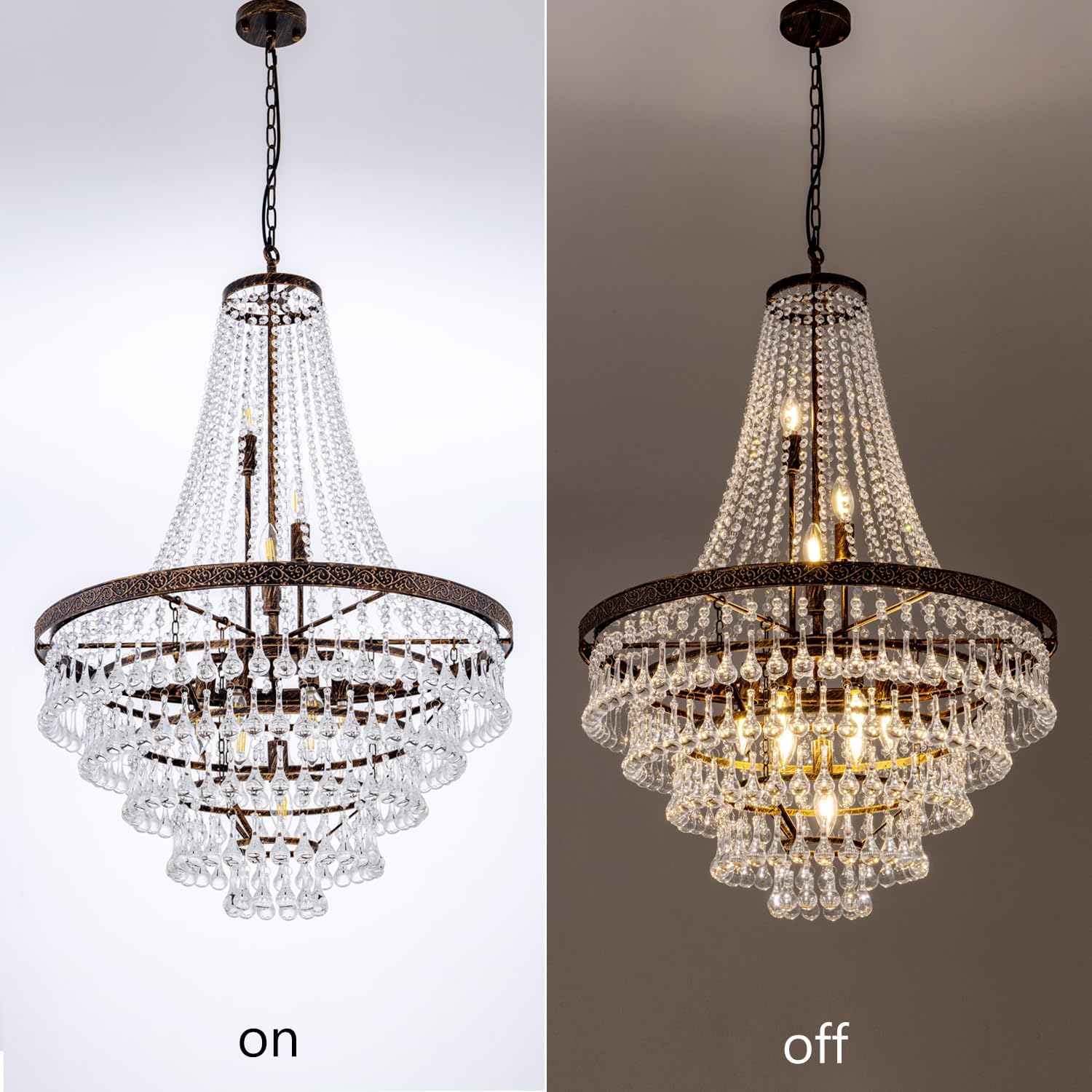 GoFurnitureHub Rustic Farmhouse Crystal Chandelier – 10-Light Bronze Finish