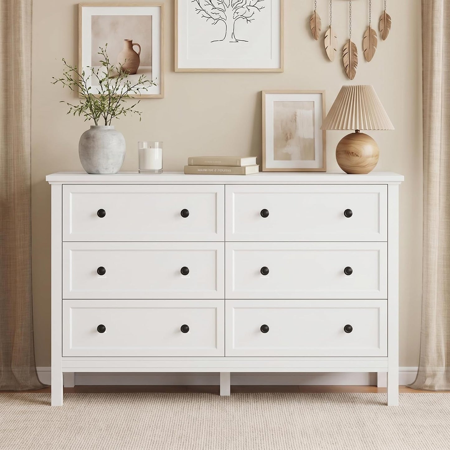 GoFurnitureHub 55" White 6-Drawer Dresser – Modern Wood Storage Chest with Metal Handles