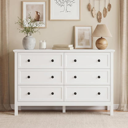 GoFurnitureHub 55" White 6-Drawer Dresser – Modern Wood Storage Chest with Metal Handles