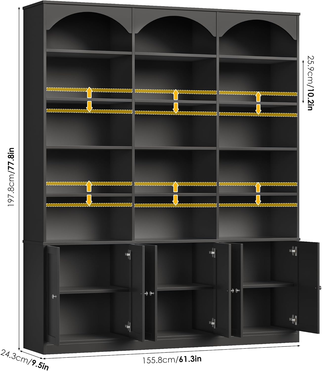 GoFurnitureHub 78" Arched Bookcase with Doors – 15-Shelf Wide Storage Cabinet, Black