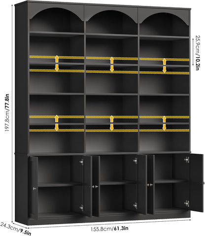 GoFurnitureHub 78" Arched Bookcase with Doors – 15-Shelf Wide Storage Cabinet, Black