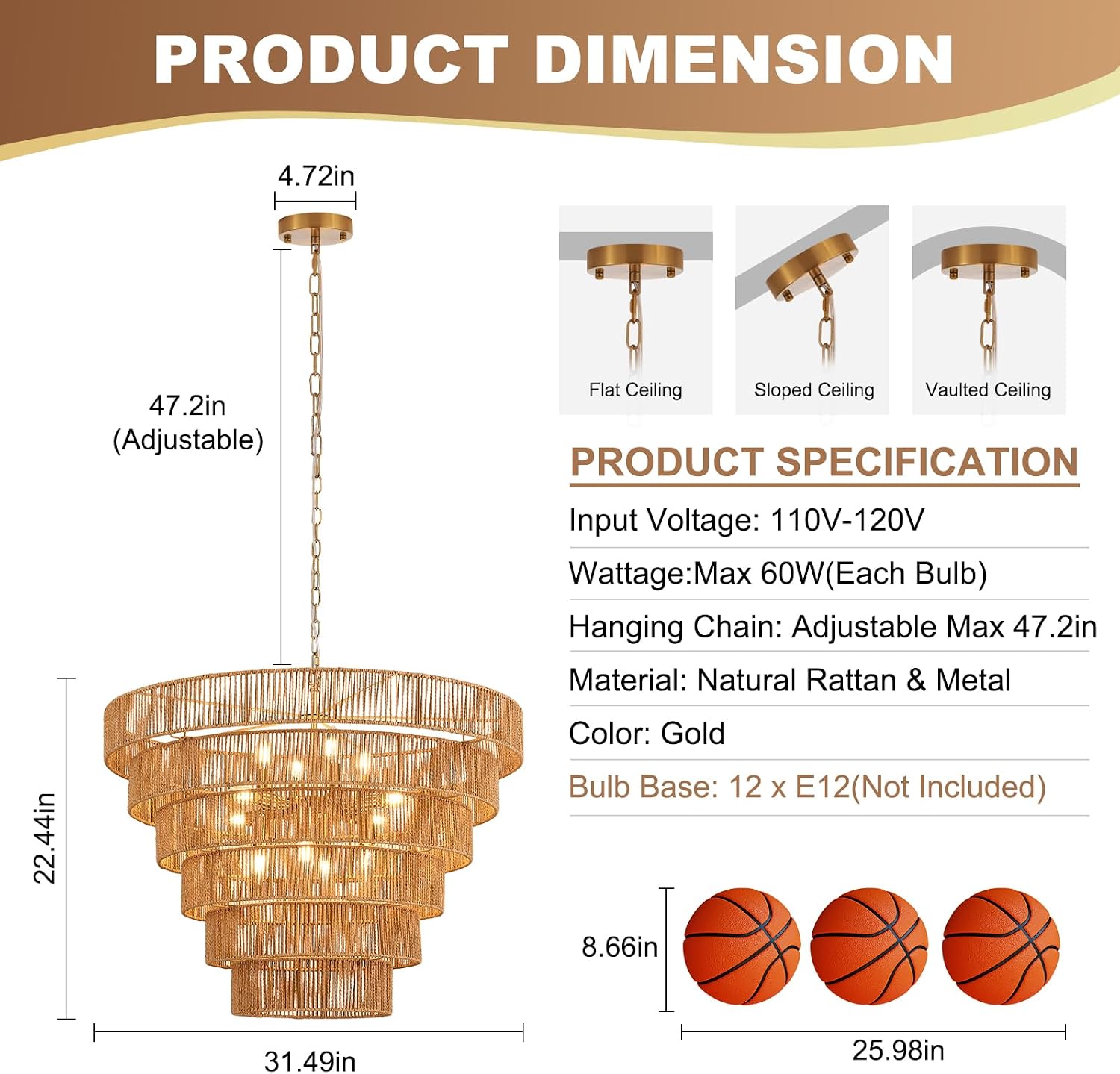 GoFurnitureHub 31.5" Large Gold Rattan Chandelier – 12-Light Handwoven Boho Farmhouse Drum Ceiling Light