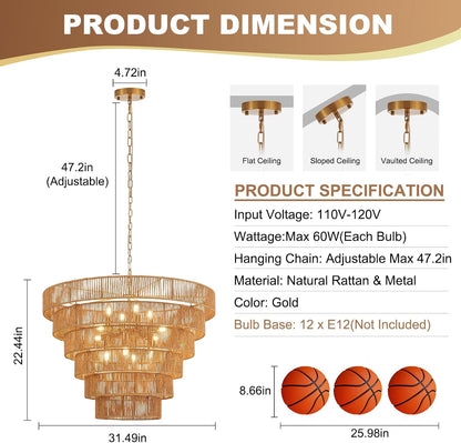 GoFurnitureHub 31.5" Large Gold Rattan Chandelier – 12-Light Handwoven Boho Farmhouse Drum Ceiling Light