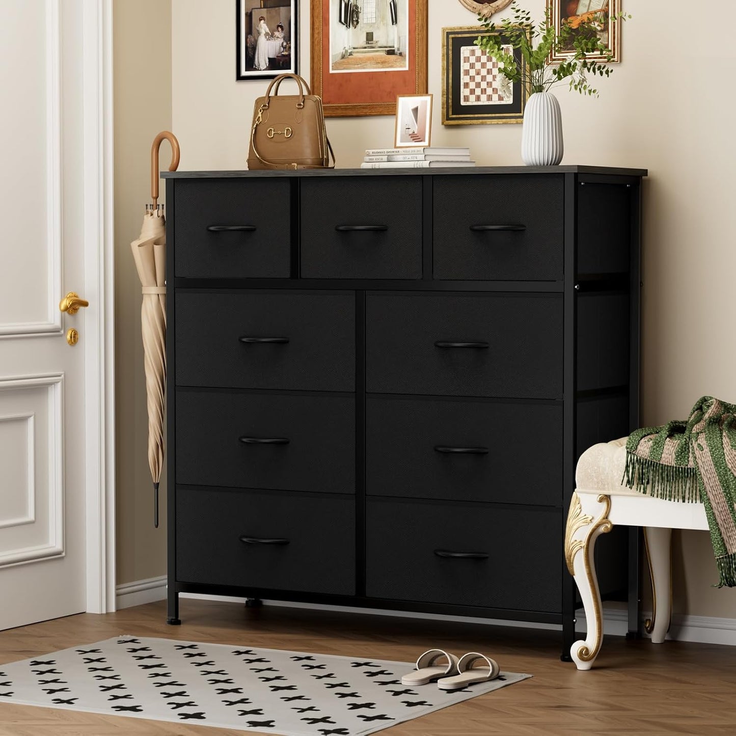 GoFurnitureHub 9-Drawer Fabric Dresser – Storage Tower with Wood Top & Steel Frame, Classic Black