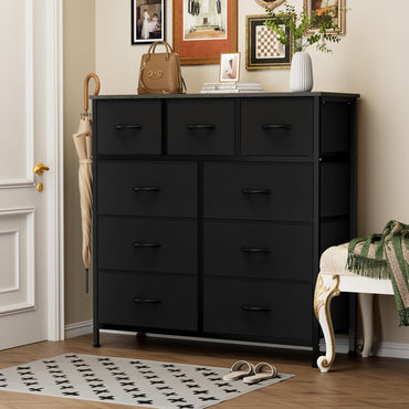 GoFurnitureHub 9-Drawer Fabric Dresser – Storage Tower with Wood Top & Steel Frame, Classic Black