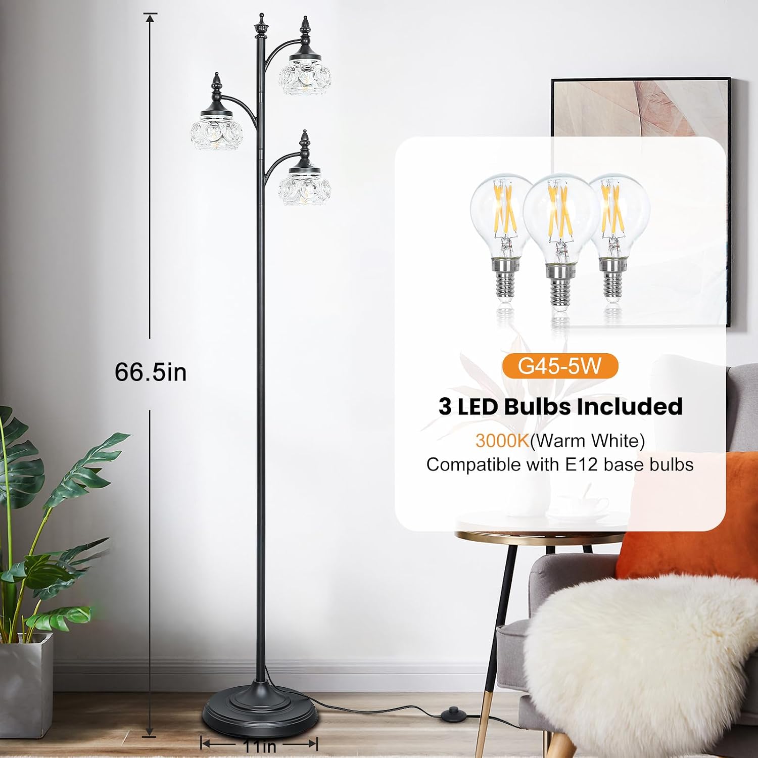 GoFurnitureHub 66.5" Black Tree Floor Lamp with 3 Adjustable Glass Lights