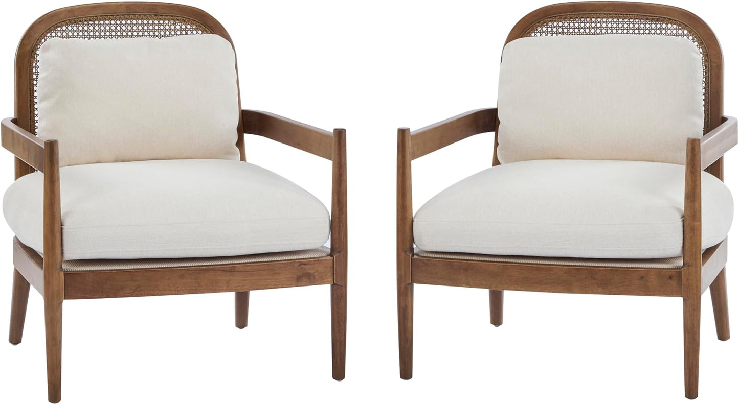 GoFurnitureHub Modern Rattan Accent Chair Set of 2 – Beige Cushioned Wooden Club Chairs with Open Back
