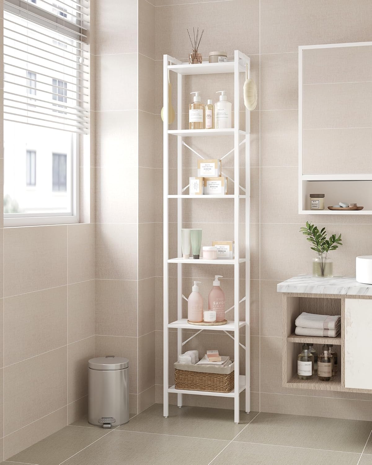GoFurnitureHub 6-Tier Industrial Corner Bookcase – White Storage Shelf with Hooks