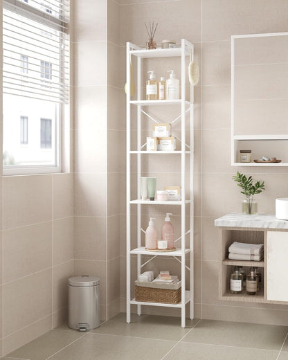 GoFurnitureHub 6-Tier Industrial Corner Bookcase – White Storage Shelf with Hooks