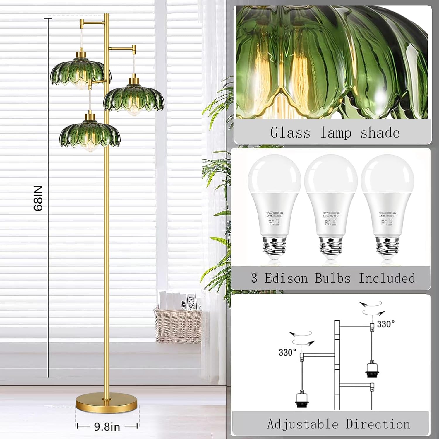 GoFurnitureHub Vintage Brass 3-Light Floor Lamp with Green Glass Shades