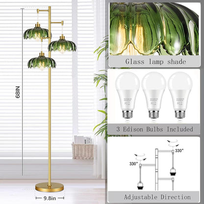 GoFurnitureHub Vintage Brass 3-Light Floor Lamp with Green Glass Shades