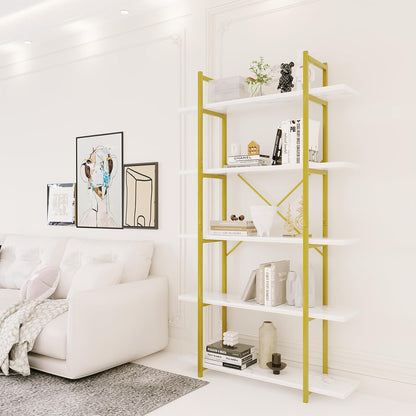 GoFurnitureHub 5-Tier Modern Bookcase with White Faux Marble Shelves