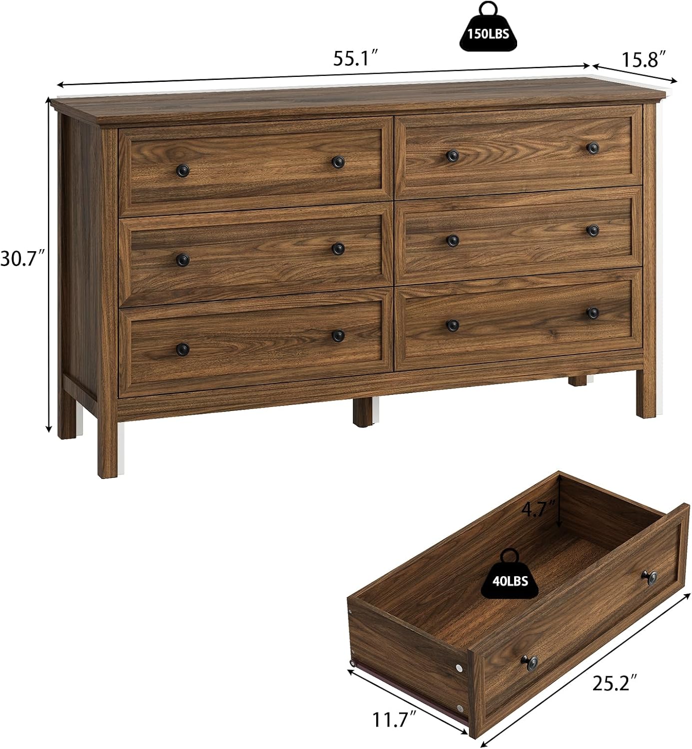 GoFurnitureHub Modern Walnut 6-Drawer Bedroom Dresser – 55"