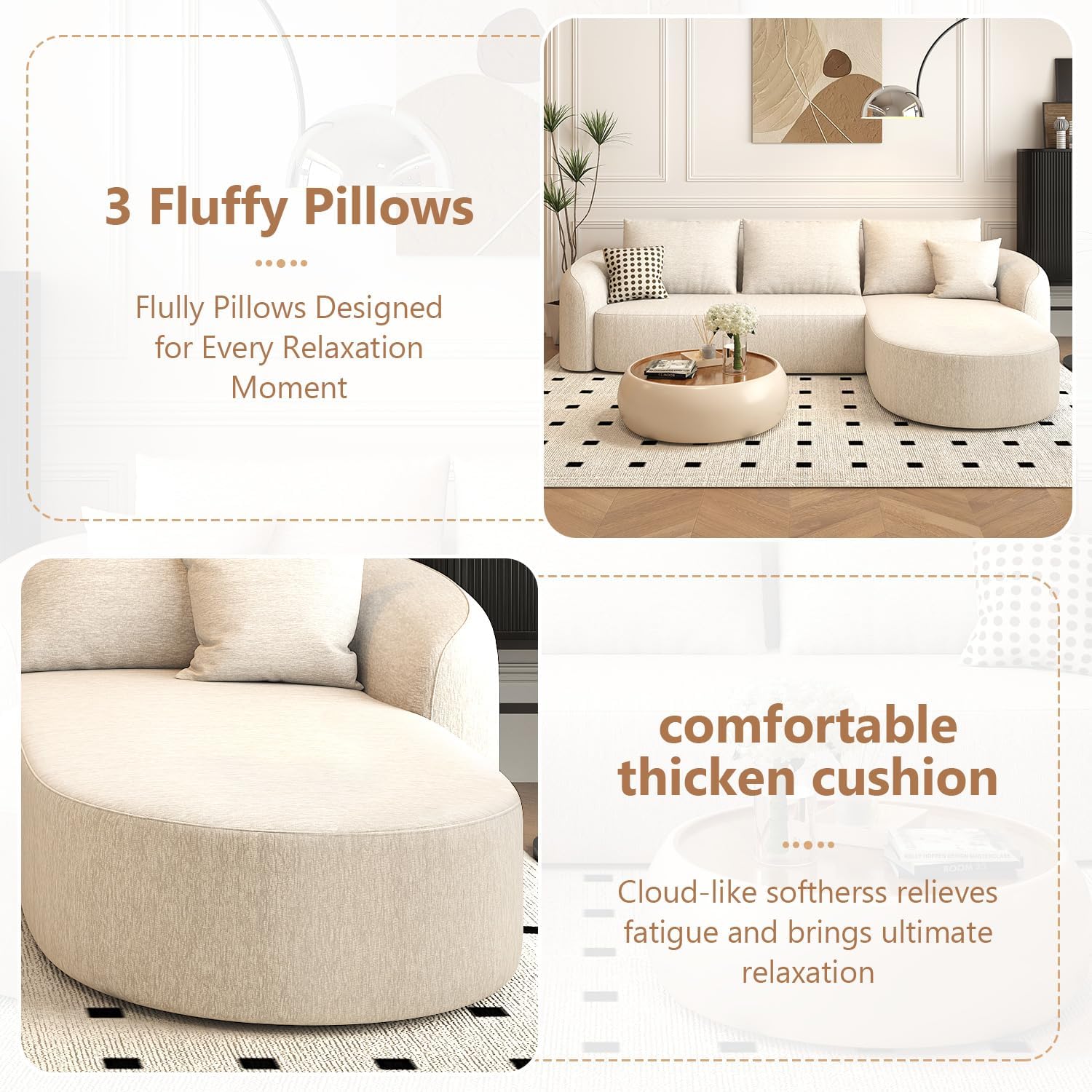 GoFurnitureHub 111" Modular Curved Sectional Sofa – Luxury L-Shaped Cloud Couch with Right Chaise, White