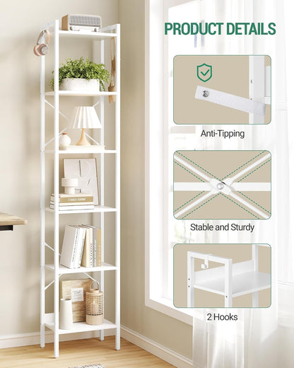 GoFurnitureHub 6-Tier Industrial Corner Bookcase – White Storage Shelf with Hooks