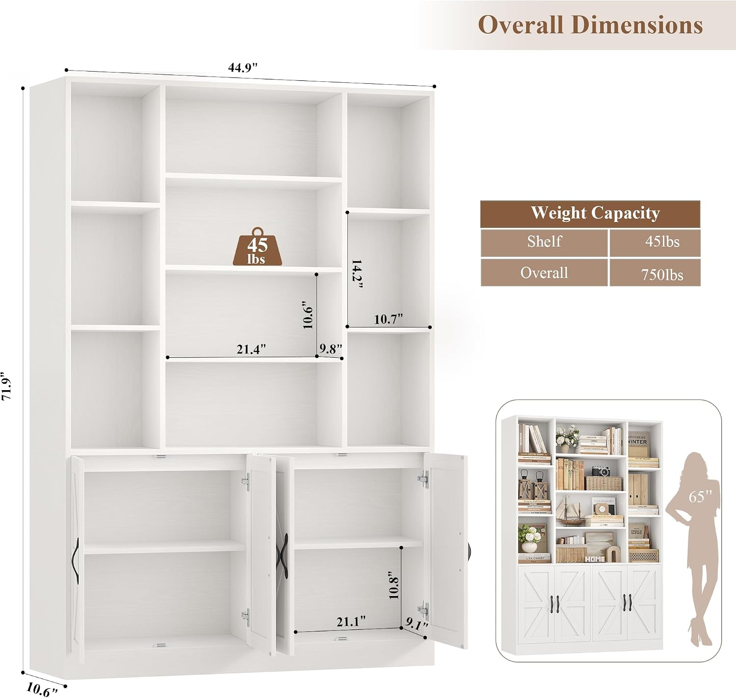 GoFurnitureHub 72" Farmhouse Bookcase with Storage Cabinet – 45" Wide Display Shelf with 4 Doors, White