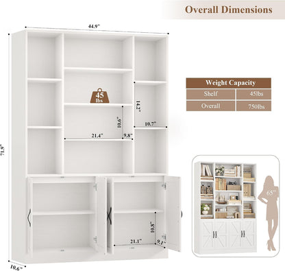 GoFurnitureHub 72" Farmhouse Bookcase with Storage Cabinet – 45" Wide Display Shelf with 4 Doors, White