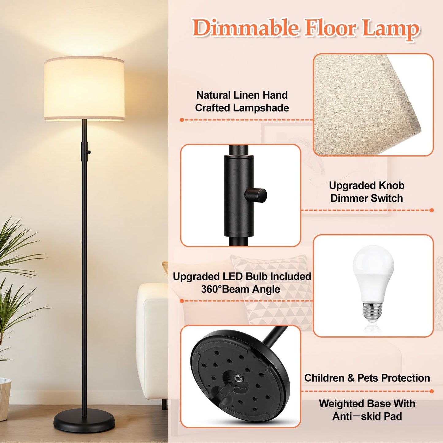 GoFurnitureHub Dimmable Floor Lamp with Linen Shade – Modern Black Standing Lamp with 1000 Lumens LED Bulb
