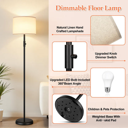 GoFurnitureHub Dimmable Floor Lamp with Linen Shade – Modern Black Standing Lamp with 1000 Lumens LED Bulb