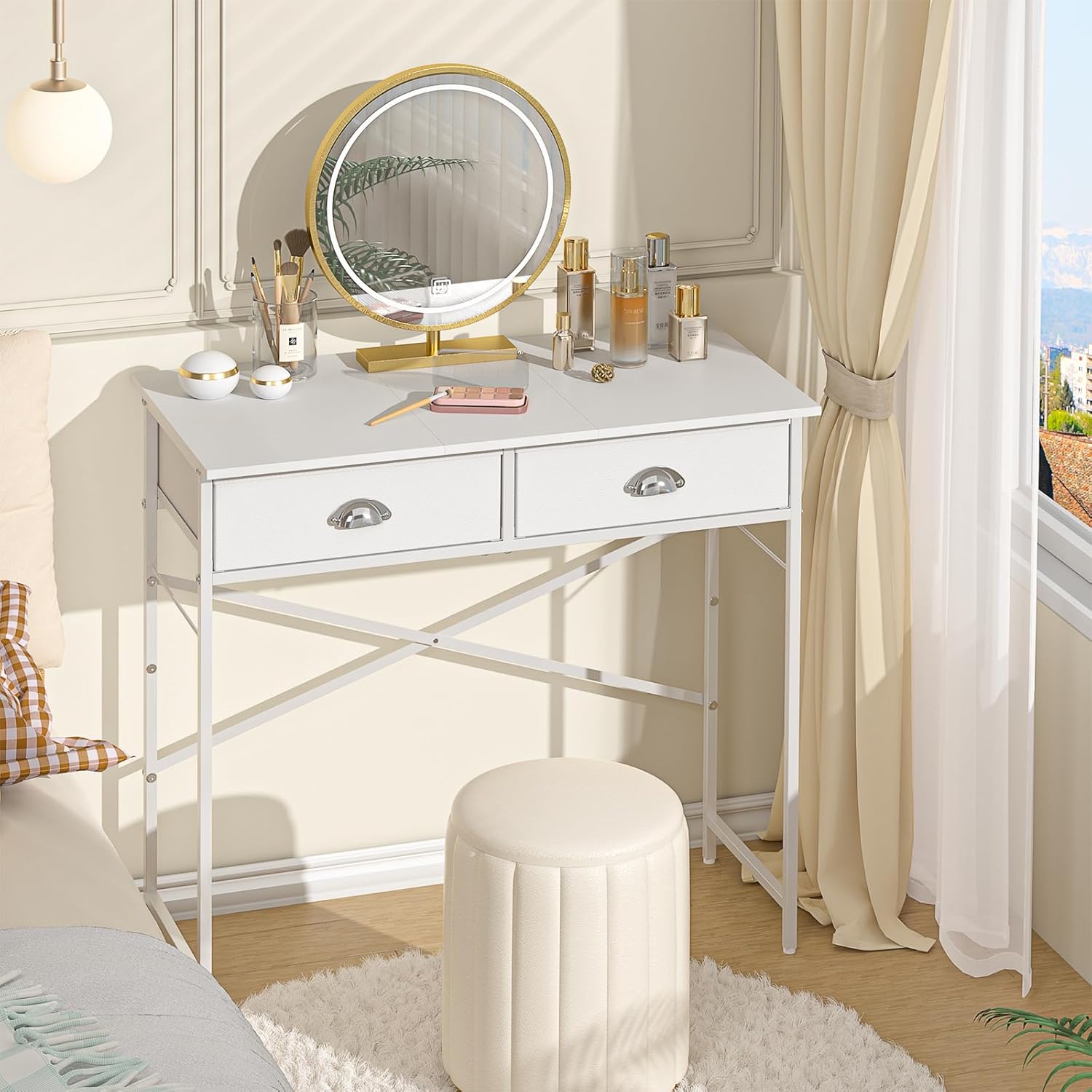 GoFurnitureHub 31.5" Small Vanity Desk with Drawers – White Makeup Dressing Table for Compact Spaces (No Mirror)