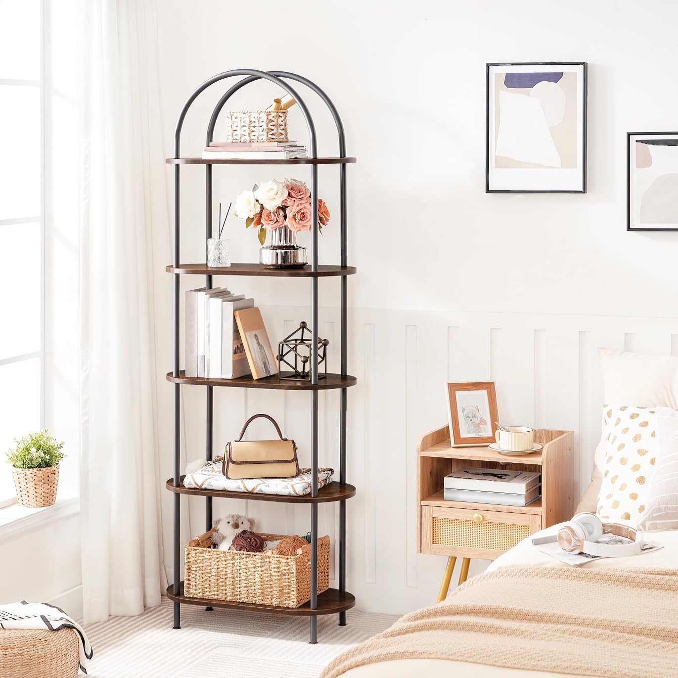 GoFurnitureHub 5-Tier Arched Bookcase – Industrial Wood & Metal Display Shelf, Rustic Brown