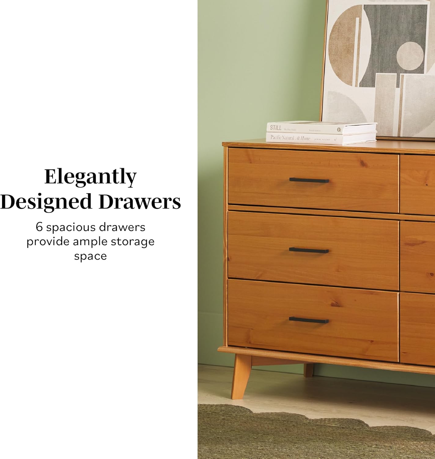 GoFurnitureHub 52" Solid Wood 6-Drawer Dresser – Mid-Century Modern Storage Chest, Caramel