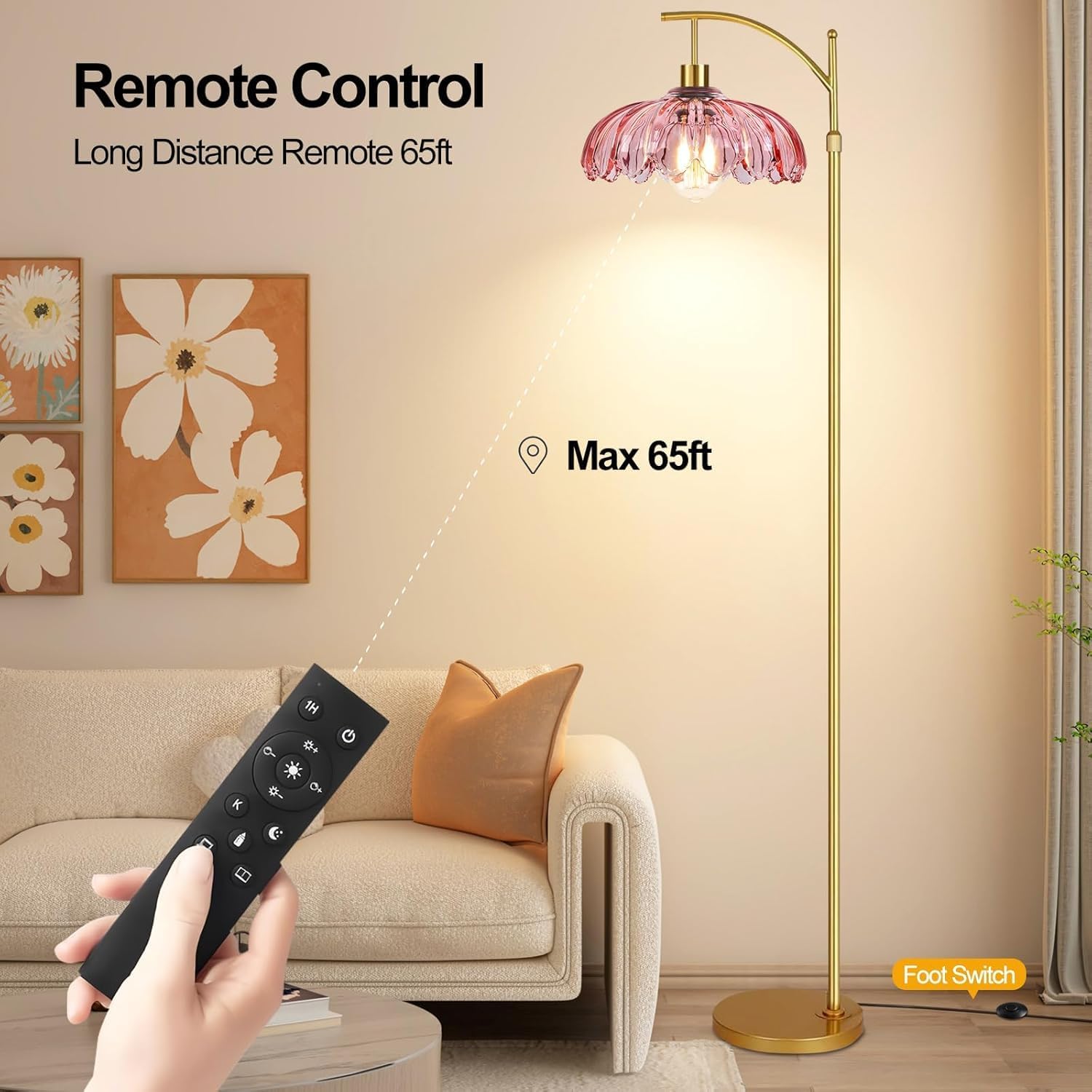 GoFurnitureHub Gold Arc Floor Lamp with Pink Glass Shade – Dimmable Mid-Century Modern Standing Lamp with Remote