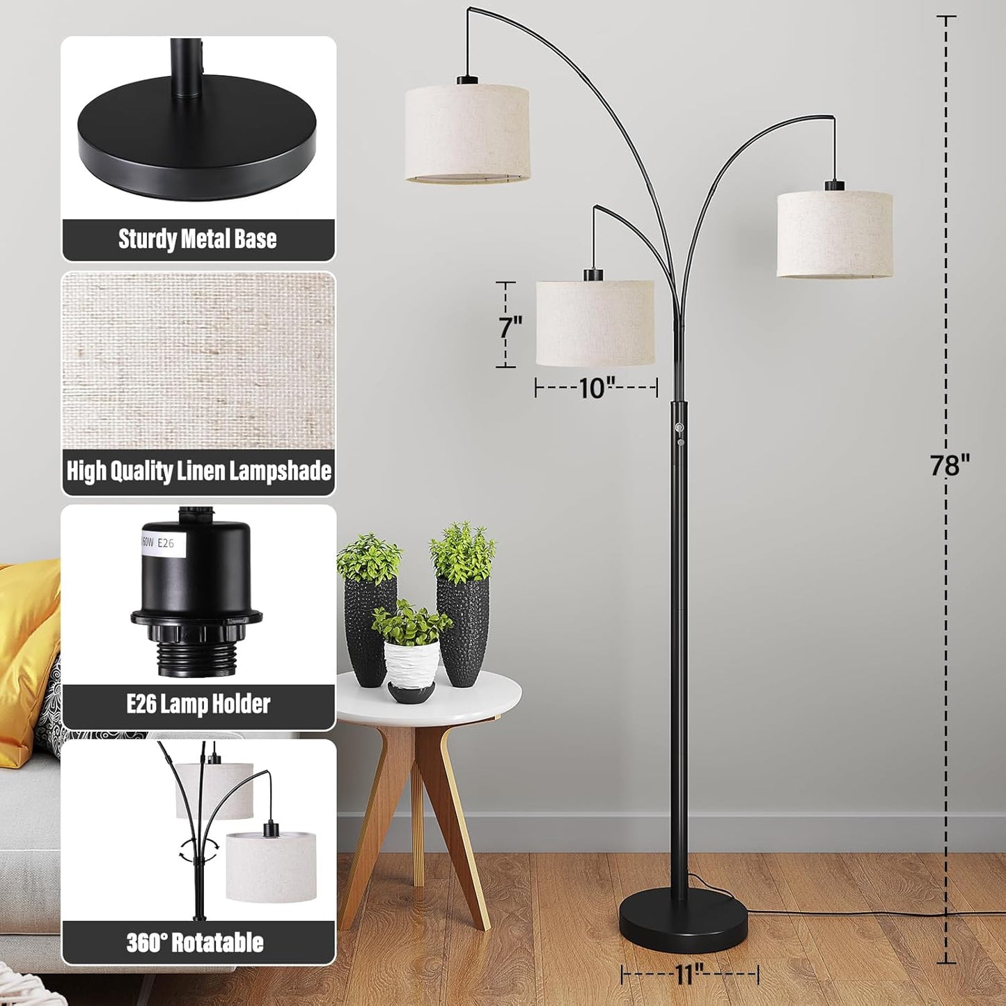 GoFurnitureHub 78" Arched Tree Floor Lamp with Hanging Drum Shades