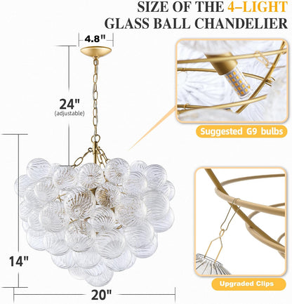 GoFurnitureHub 20" Gold Bubble Glass Chandelier – Hand-Blown Ribbed Glass Pendant Light for Dining Room & Foyer