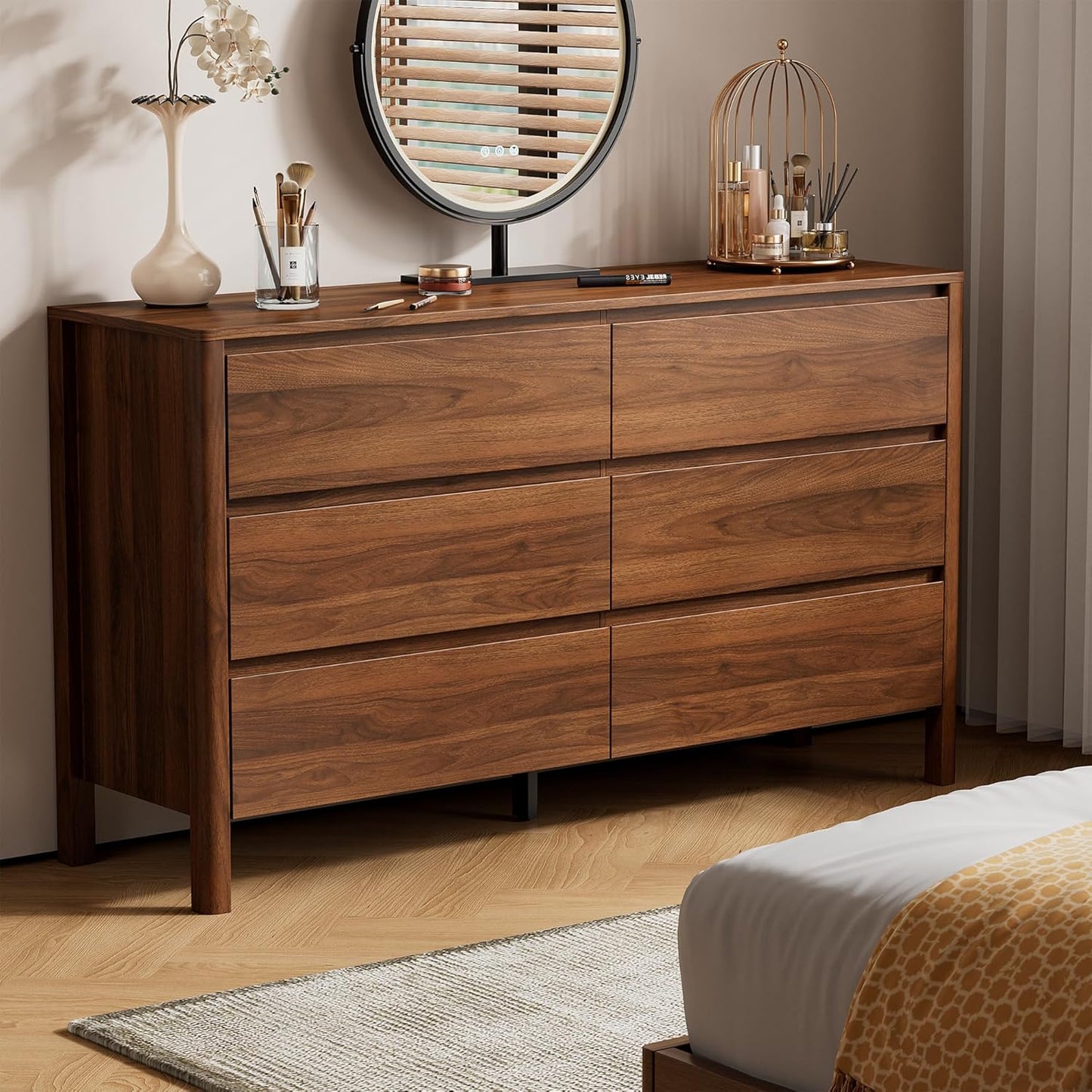 GoFurnitureHub 55" Mid-Century Modern 6-Drawer Dresser – Walnut Wood Storage Chest