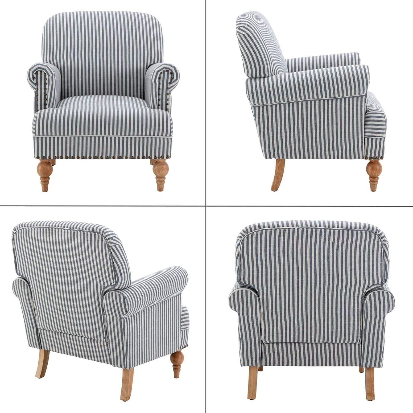 GoFurnitureHub Blue Striped Linen Accent Chair with Turned Wood Legs