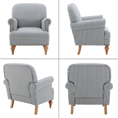 GoFurnitureHub Blue Striped Linen Accent Chair with Turned Wood Legs