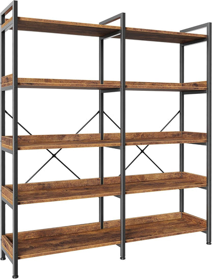 GoFurnitureHub 47.2" Industrial 5-Tier Bookshelf – Wide 10-Shelf Rustic Brown Bookcase with Metal Frame