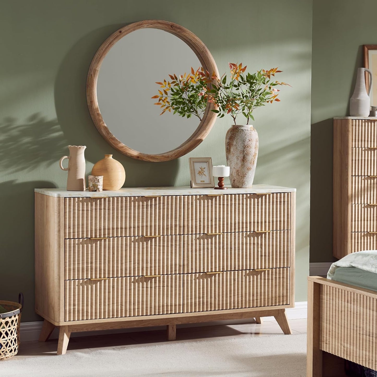 GoFurnitureHub 54" Fluted 6-Drawer Dresser with Faux Marble Top – Modern Natural Oak Storage Chest