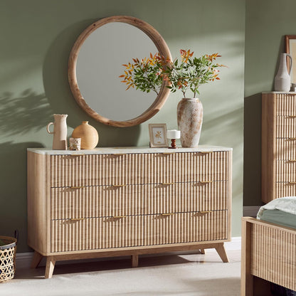 GoFurnitureHub 54" Fluted 6-Drawer Dresser with Faux Marble Top – Modern Natural Oak Storage Chest