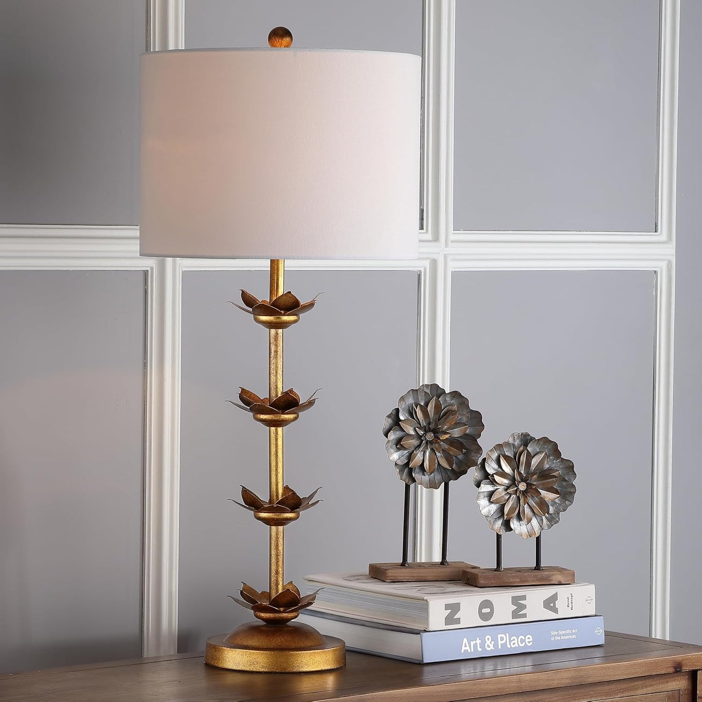GoFurnitureHub 32" Antique Gold Leaf Table Lamp Set with White Drum Shades