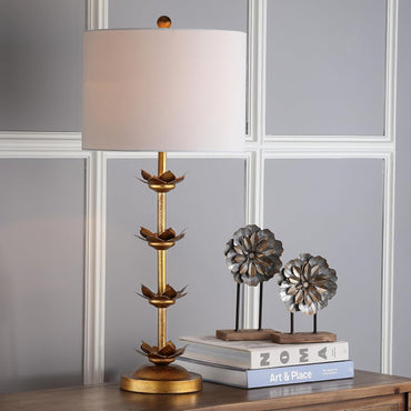GoFurnitureHub 32" Antique Gold Leaf Table Lamp Set with White Drum Shades