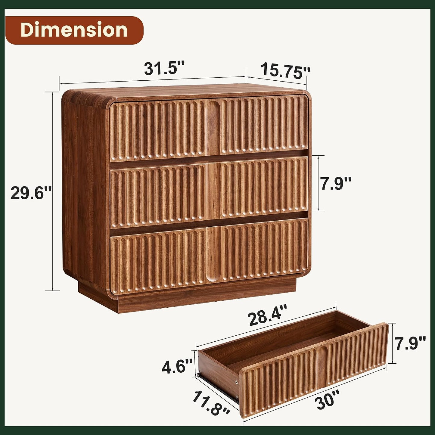 GoFurnitureHub 31.5" Mid-Century Modern 3-Drawer Dresser – Fluted Walnut Wood Storage Chest