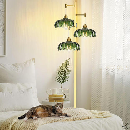 GoFurnitureHub Vintage Brass 3-Light Floor Lamp with Green Glass Shades