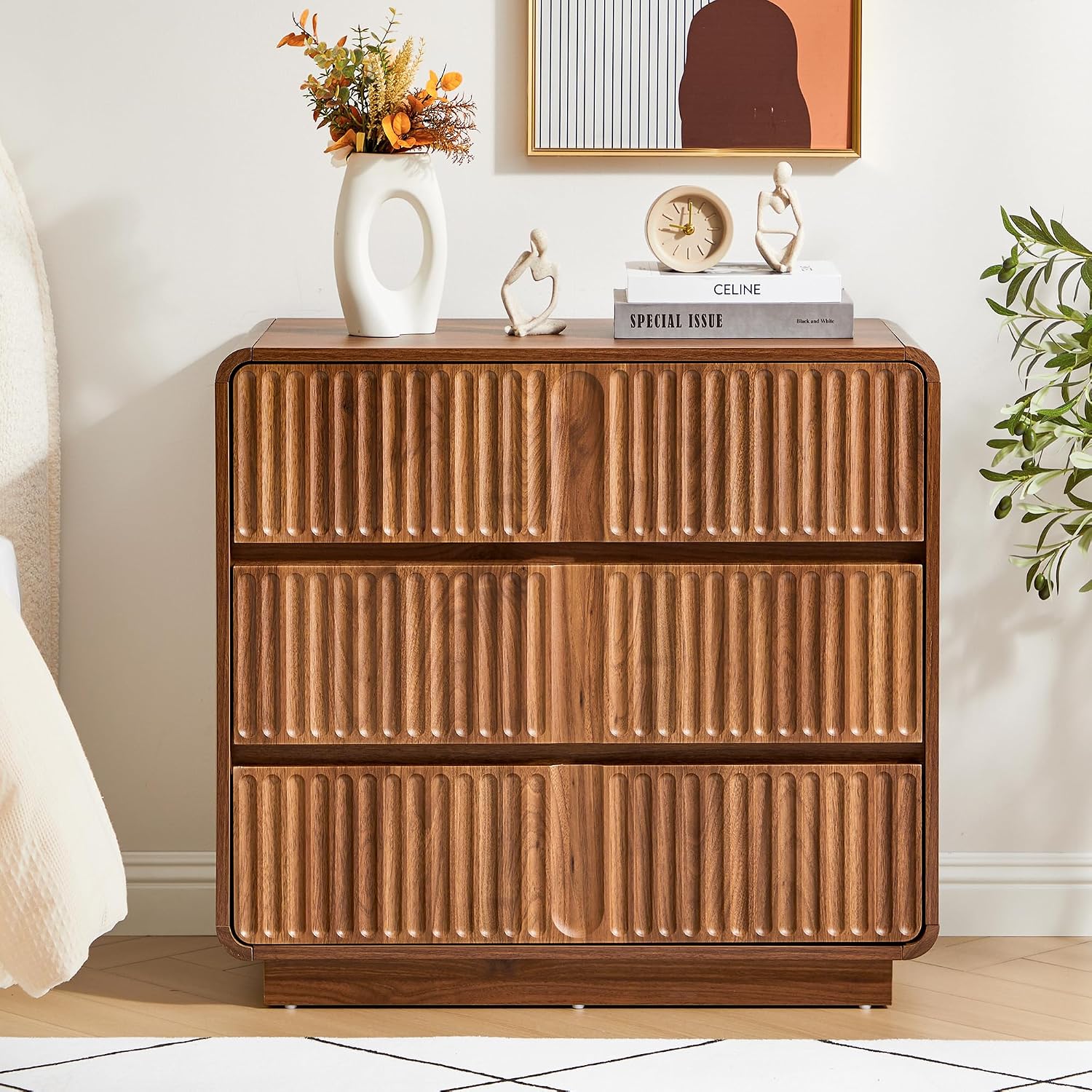 GoFurnitureHub 31.5" Mid-Century Modern 3-Drawer Dresser – Fluted Walnut Wood Storage Chest
