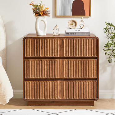 GoFurnitureHub 31.5" Mid-Century Modern 3-Drawer Dresser – Fluted Walnut Wood Storage Chest