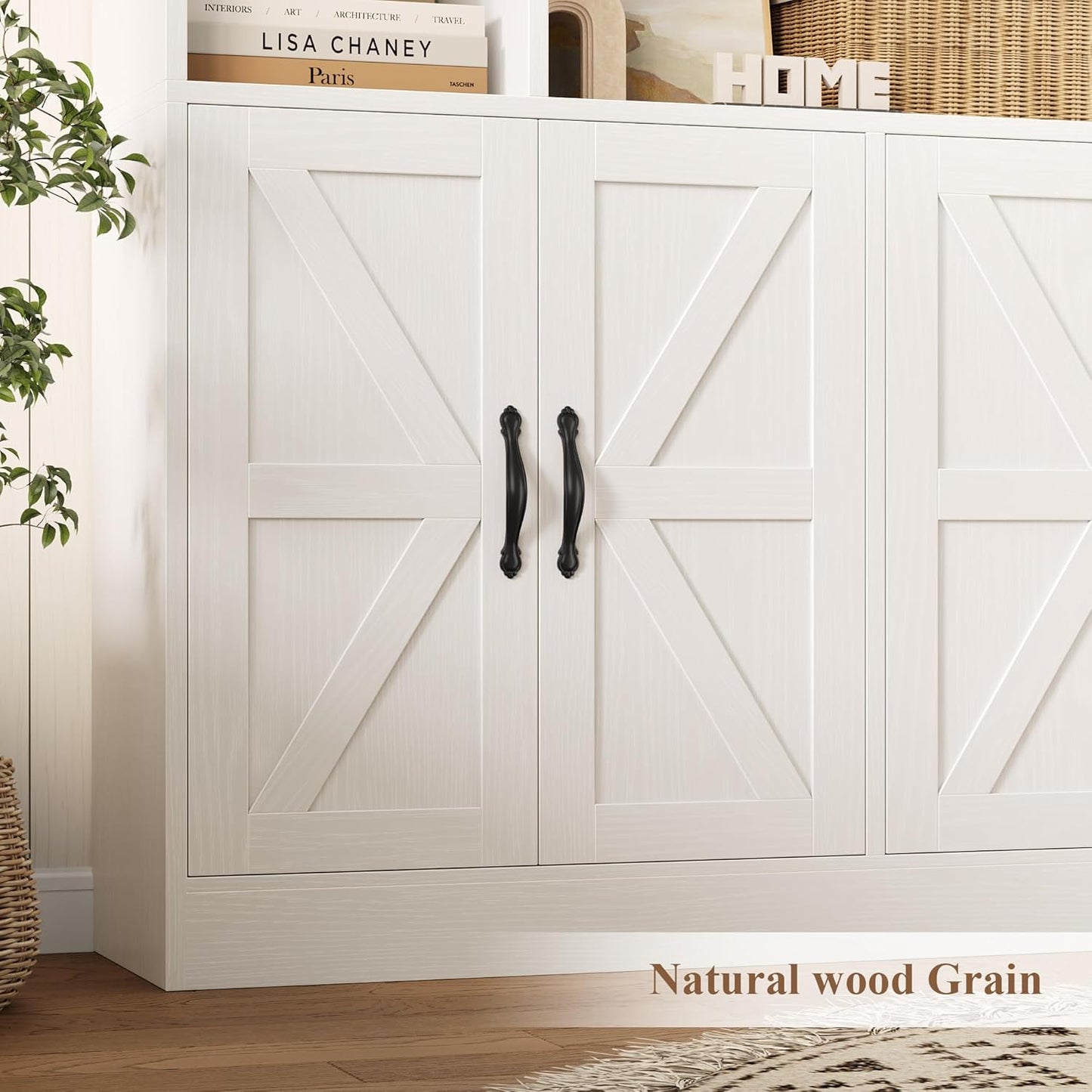 GoFurnitureHub 72" Farmhouse Bookcase with Storage Cabinet – 45" Wide Display Shelf with 4 Doors, White