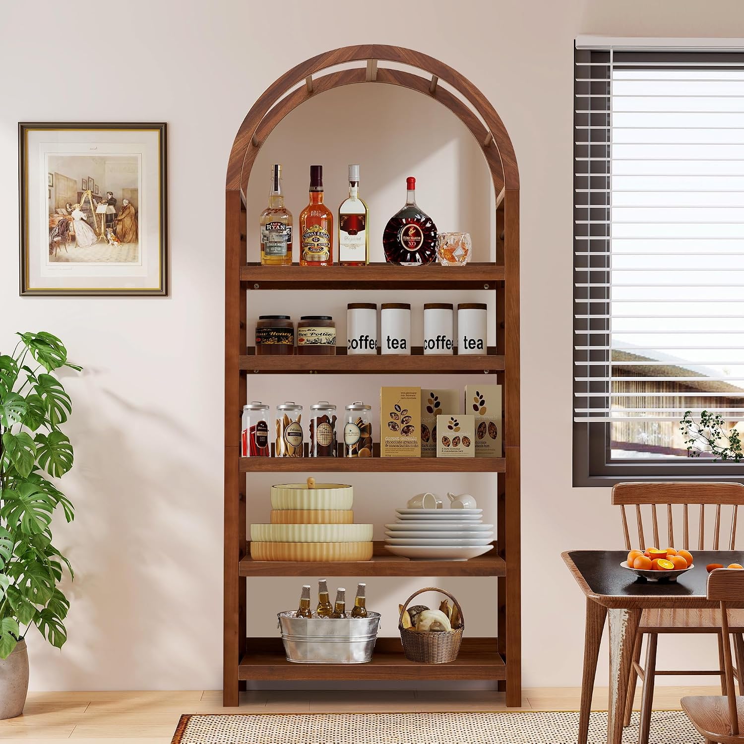 GoFurnitureHub 5-Tier Solid Wood Arched Bookshelf – Modern Walnut Open Display Bookcase for Home & Office
